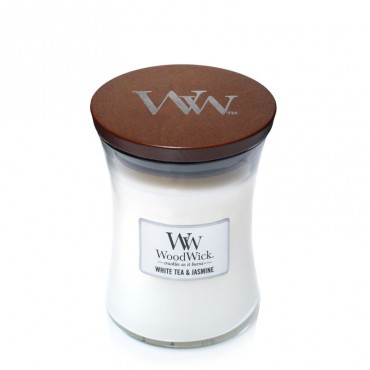 Woodwick Weißer Tee & Jasmin Medium Kerze