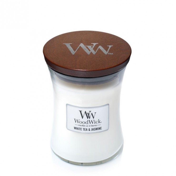 Woodwick Weißer Tee & Jasmin Medium Kerze