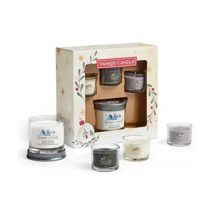Yankee Candle kleiner Becher und 3 Mini Snow Globe Wonderland Kerzen Set