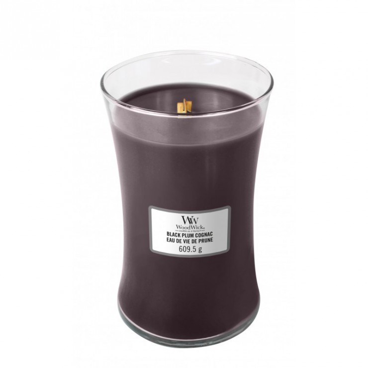 Große schwarze Pflaume Cognac WoodWick Kerze